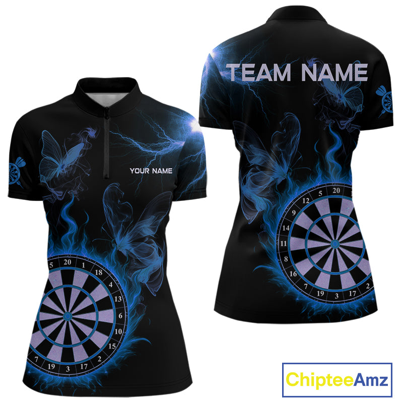 Custom Blue Smokes Butterfly Flame Dartboard Dart Women Quarter-Zip Jerseys Dart Team Shirt NYN1677