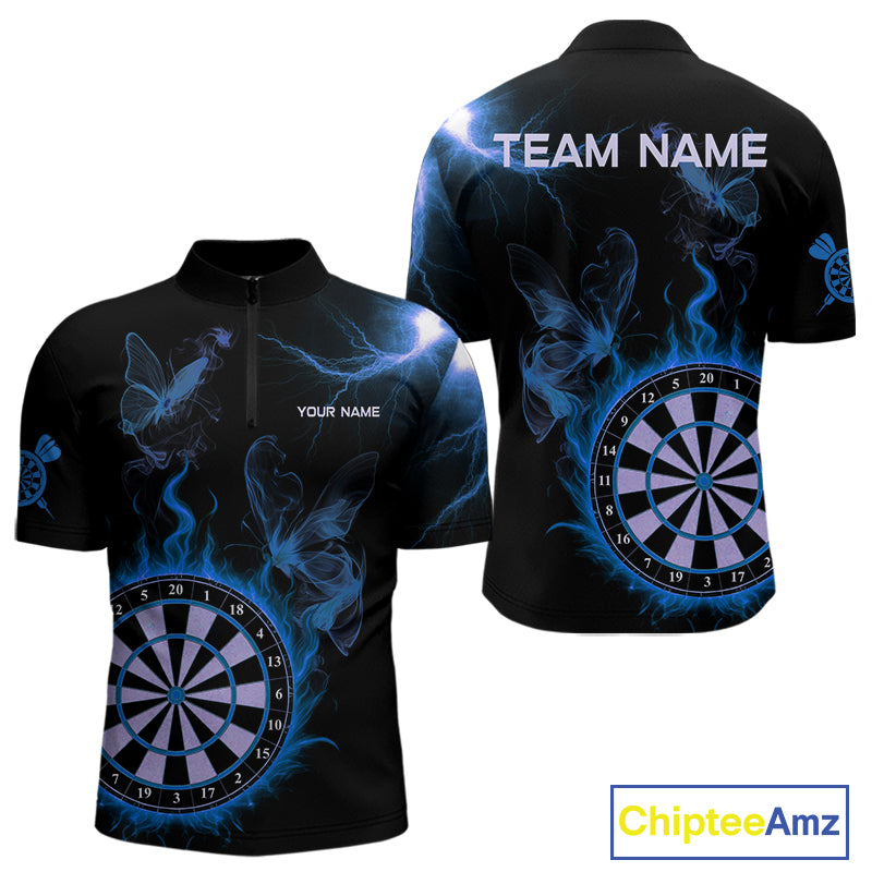 Custom Blue Smokes Butterfly Flame Dartboard Dart Men Quarter-Zip Jerseys Dart Team Shirt NYN1677