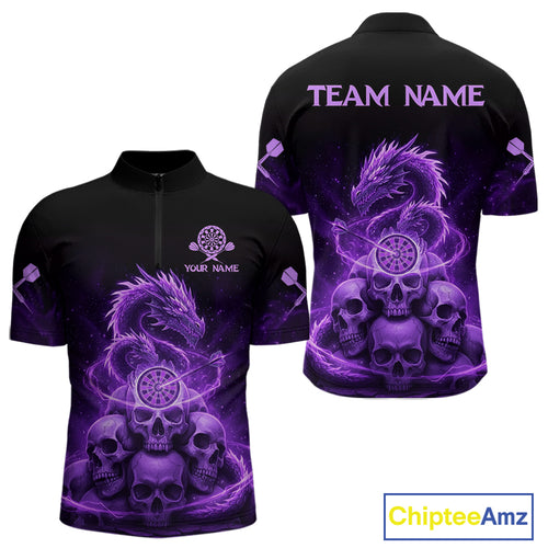 Custom Purple Galaxy Dragon Skulls Dartboard Men Darts Quarter-Zip Shirt Dart Team Jerseys NYN1932