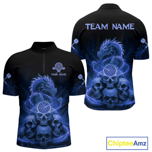 Custom Blue Galaxy Dragon Skulls Dartboard Men Darts Quarter-Zip Shirt Dart Team Jerseys NYN1934