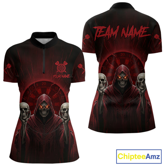 Custom Red Grim Reaper Grey Skull Dartboard Women Darts Quarter-Zip Shirt Grunge Dart Jerseys NYN1935