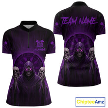 Load image into Gallery viewer, Custom Purple Grim Reaper Grey Skull Dartboard Women Darts Quarter-Zip Shirt Grunge Dart Jerseys NYN1936