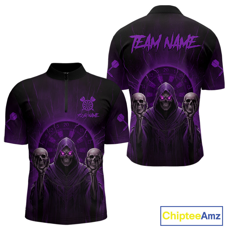 Custom Purple Grim Reaper Grey Skull Dartboard Men Darts Quarter-Zip Shirt Grunge Dart Jerseys NYN1936