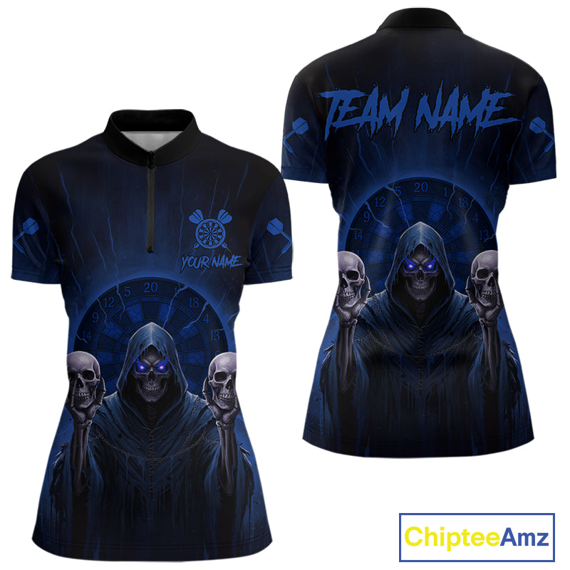 Custom Blue Grim Reaper Grey Skull Dartboard Women Darts Quarter-Zip Shirt Grunge Dart Jerseys NYN1937