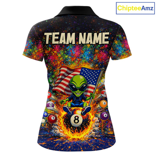 Colorful Splatter Funny Alien Fire 8 Ball Women Billiards Shirt Personalized Pool Balls Billiard Attire NYN2687