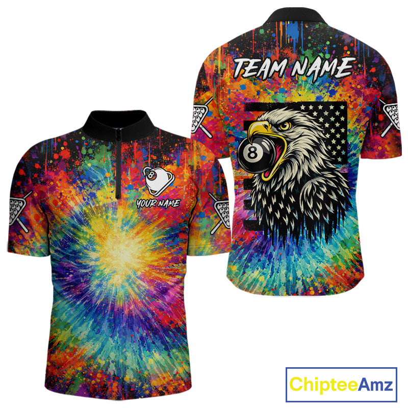 Colorful Tie-Dye Funny Eagle 8 Ball Men Billiards Shirt Personalized Pool Balls Billiard Attire NYN2689