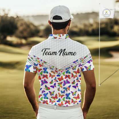 Butterfly Mens White Pattern Golf Polo Shirt Custom Name Floral Colorful Watercolor Golf Shirts NYN2846
