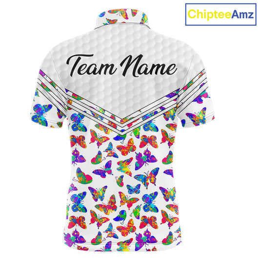 Butterfly Mens White Pattern Golf Polo Shirt Custom Name Floral Colorful Watercolor Golf Shirts NYN2846