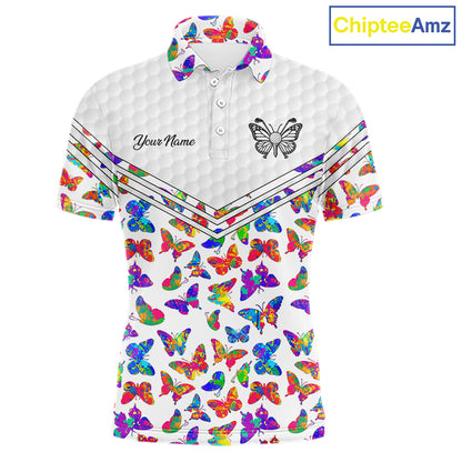 Butterfly Mens White Pattern Golf Polo Shirt Custom Name Floral Colorful Watercolor Golf Shirts NYN2846