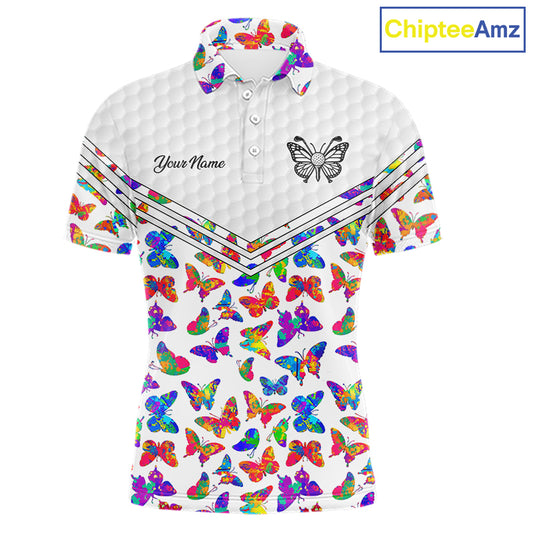 Butterfly Mens White Pattern Golf Polo Shirt Custom Name Floral Colorful Watercolor Golf Shirts NYN2846