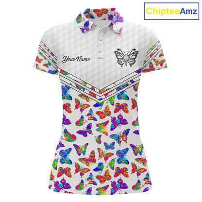 Butterfly Womens White Pattern Golf Polo Shirt Custom Name Floral Colorful Watercolor Golf Shirts NYN2846