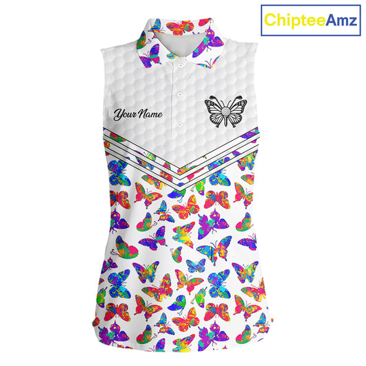 Butterfly Womens White Pattern Golf Sleeveless Polo Shirt Custom Name Floral Colorful Watercolor Golf Shirts NYN2846