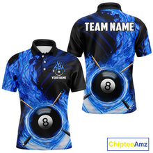 Load image into Gallery viewer, Personalized Blue 8 Ball Fire Flame Billiard Polo &amp; 1/4-Zip For Men 8 Ball Pool Team Jersey NYN2847