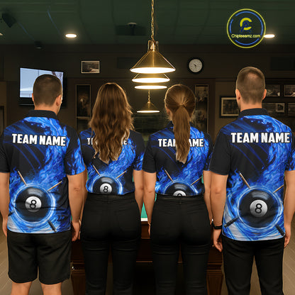 Personalized Blue 8 Ball Fire Flame Billiard Polo & 1/4-Zip For Women 8 Ball Pool Team Jersey NYN2847