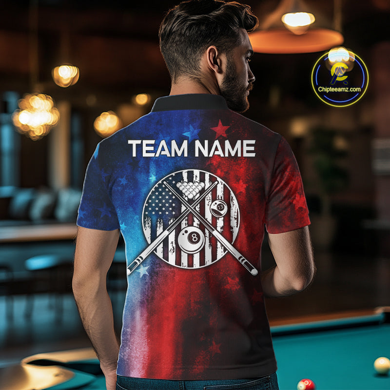 Red - Blue Grunge American Flag Billiard Pool Shirt For Men Personalized Patriot Billiard Team Attire NYN3219