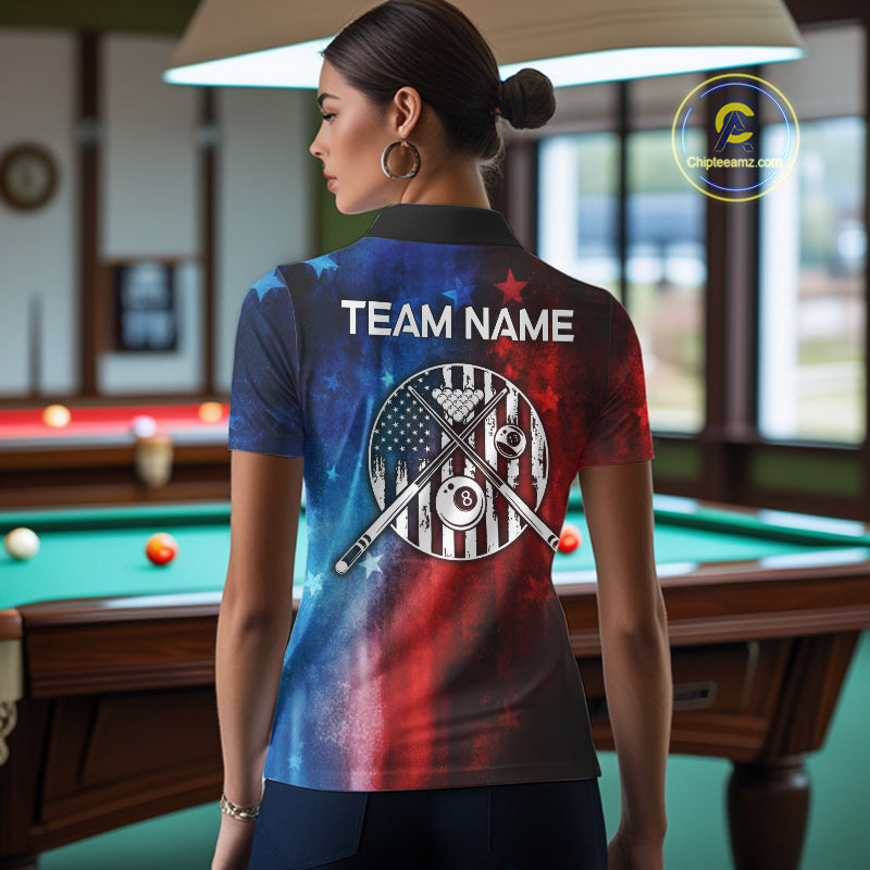 Red - Blue Grunge American Flag Billiard Pool Shirt For Women Personalized Patriot Billiard Team Attire NYN3219