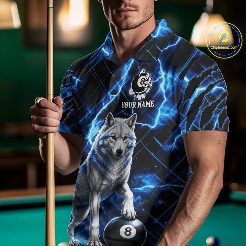 Custom Funny Wolf 8 Ball Billiard Shirt For Men Thunder Lightning Billiard Pool Team Jersey | Blue NYN3222