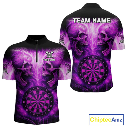 Electric Purple Skulls & Dartboard Darts Shirt For Men - Custom Dart Player Jersey NYN0539