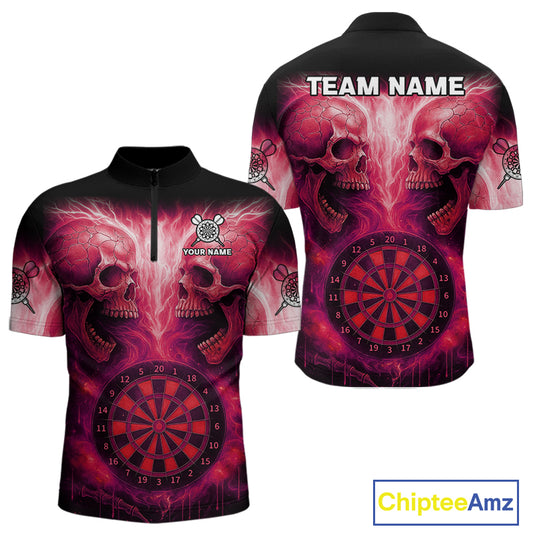 Electric Red Skulls & Dartboard Darts Shirt For Men - Custom Dart Player Jersey NYN0540