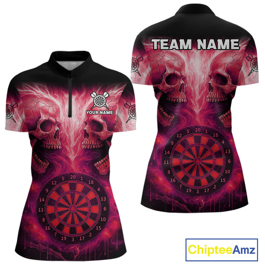 Electric Red Skulls & Dartboard Darts Shirt For Women - Custom Dart Player Jersey NYN0540