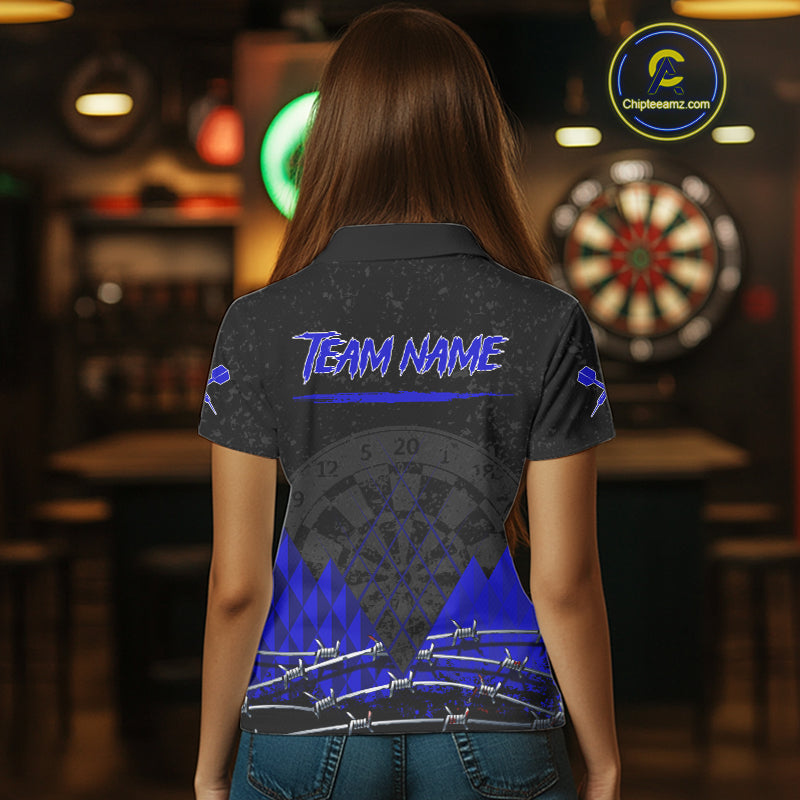 Barbed Wire & Grunge Dartboard Blue Darts Shirt  For Women - Custom Name For Players NYN0547