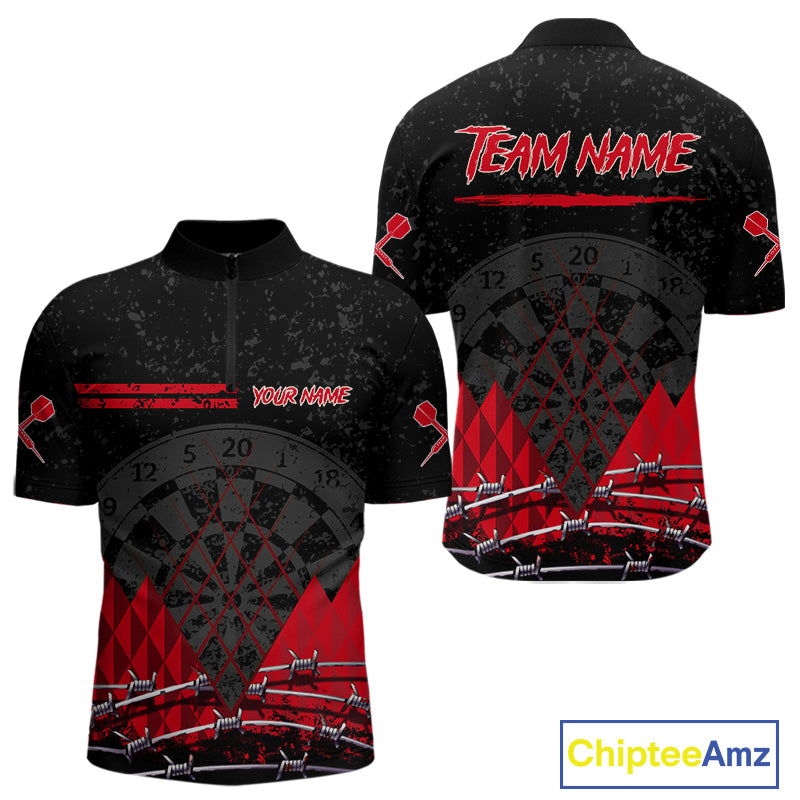 Barbed Wire & Grunge Dartboard Red Darts Shirt  For Men - Custom Name For Players NYN0548