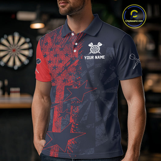 US Flag Grunge Star Dartboard Men's Darts Polo Shirt - Custom Name For Players NYN0755
