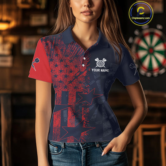 US Flag Grunge Star Dartboard Women's Darts Polo Shirt - Custom Name For Players NYN0755