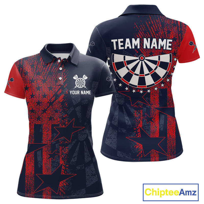 US Flag Grunge Star Dartboard Women's Darts Polo Shirt - Custom Name For Players NYN0755