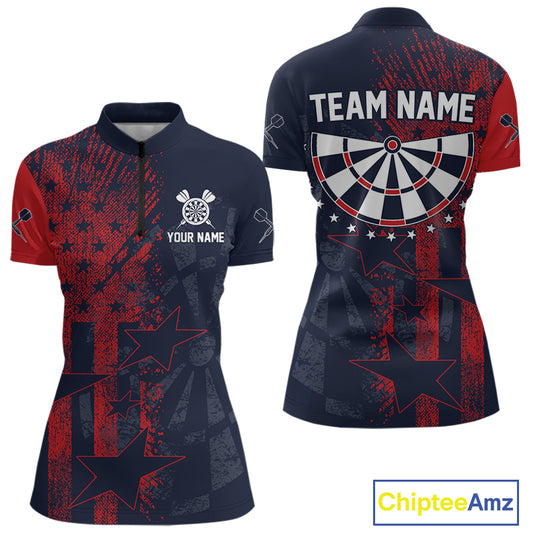 US Flag Grunge Star Dartboard Women's Darts Quarter-Zip Shirt - Custom Name For Players NYN0755