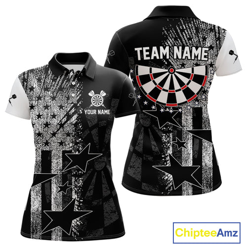 US Flag Grunge Star Dartboard Women's Darts Polo Shirt - Custom Name For Players NYN0756
