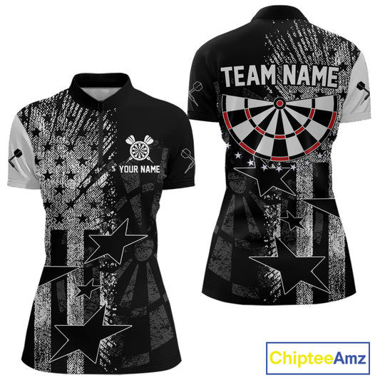 US Flag Grunge Star Dartboard Women's Darts Quarter-Zip Shirt - Custom Name For Players NYN0756