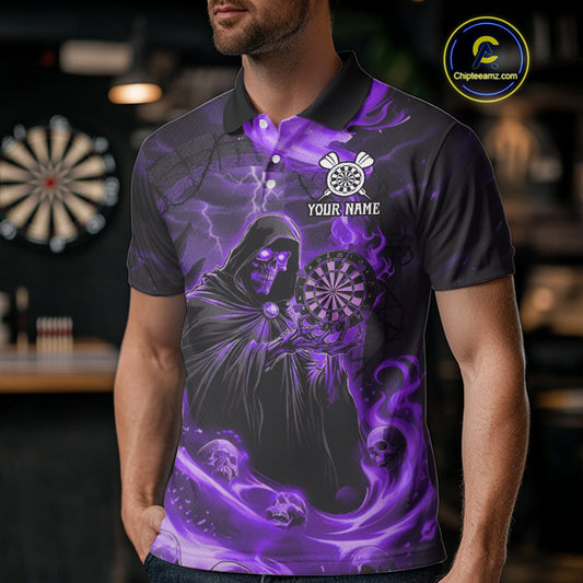 Custom Purple Grim Reaper Fire Flames Dart Men Polo Jerseys Outfits Skull Dart Shirt NYN1683
