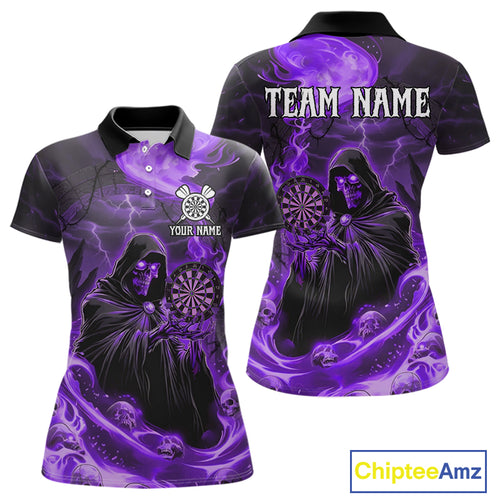 Custom Purple Grim Reaper Fire Flames Dart Women Polo Jerseys Outfits Skull Dart Shirt NYN1683