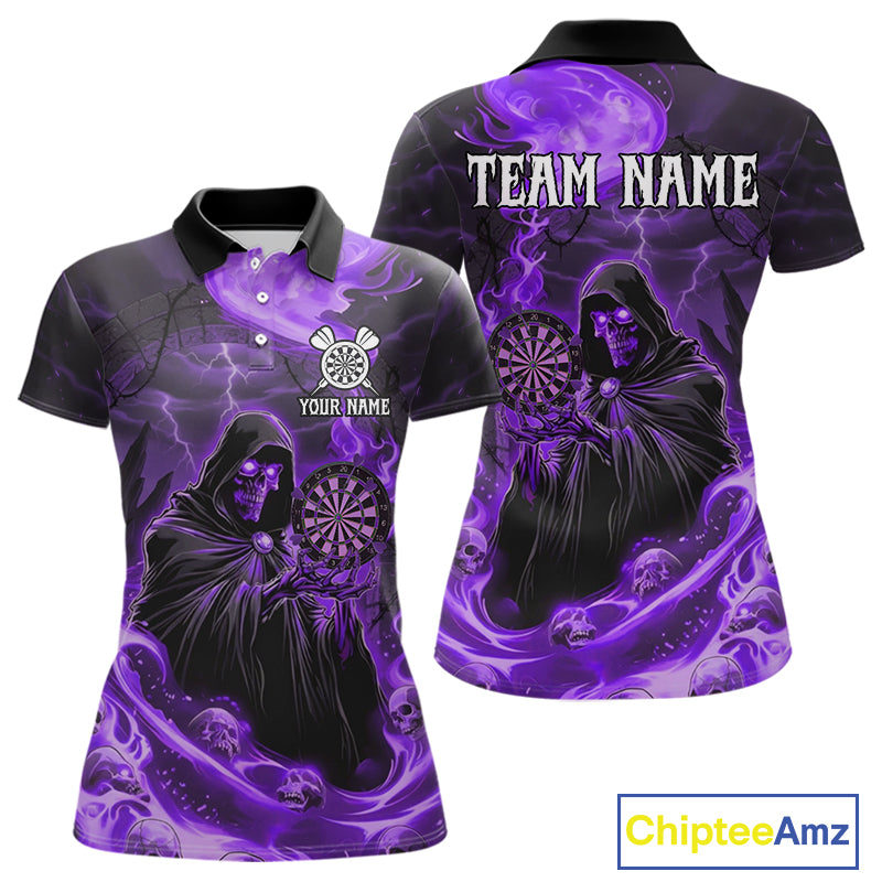 Custom Purple Grim Reaper Fire Flames Dart Women Polo Jerseys Outfits Skull Dart Shirt NYN1683