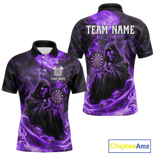 Custom Purple Grim Reaper Fire Flames Dart Men Polo Jerseys Outfits Skull Dart Shirt NYN1683