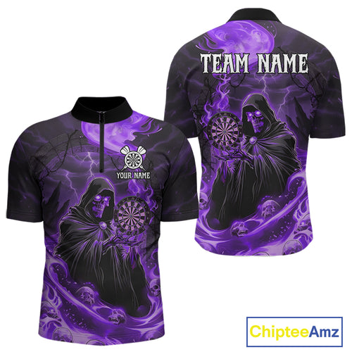 Custom Purple Grim Reaper Fire Flames Dart Men 1/4-Zip Jerseys Outfits Skull Dart Shirt NYN1683