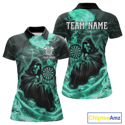 Custom Turquoise Grim Reaper Fire Flames Dart Women Polo Jerseys Outfits Skull Dart Shirt NYN1684