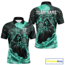 Load image into Gallery viewer, Custom Turquoise Grim Reaper Fire Flames Dart Men Polo Jerseys Outfits Skull Dart Shirt NYN1684