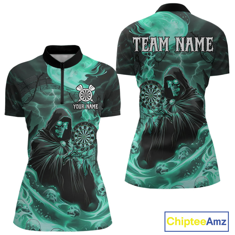 Custom Turquoise Grim Reaper Fire Flames Dart Women 1/4-Zip Jerseys Outfits Skull Dart Shirt NYN1684