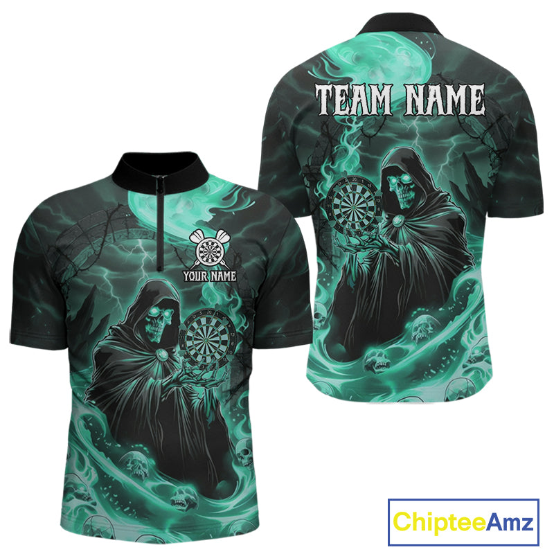 Custom Turquoise Grim Reaper Fire Flames Dart Men 1/4-Zip Jerseys Outfits Skull Dart Shirt NYN1684