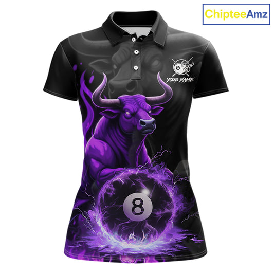 Black & Purple Flames Pool 8 Ball Women's Billiard Team Shirt Custom Funny Bull Billiard Attire NYN2502