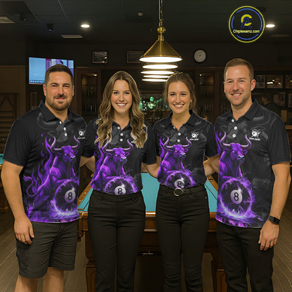 Black & Purple Flames Pool 8 Ball Women's Billiard Team Shirt Custom Funny Bull Billiard Attire NYN2502