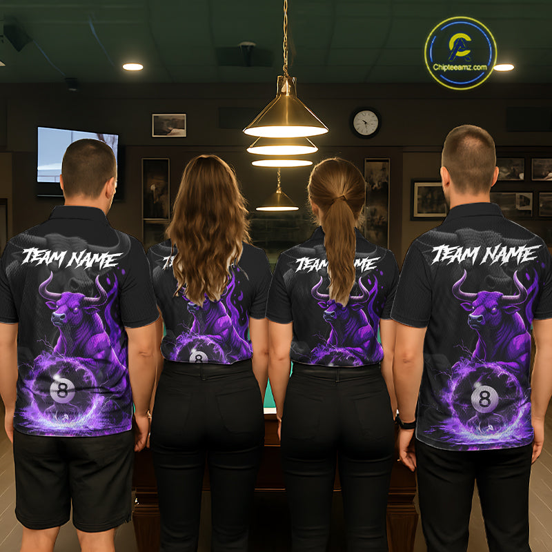 Black & Purple Flames Pool 8 Ball Women's Billiard Team Shirt Custom Funny Bull Billiard Attire NYN2502