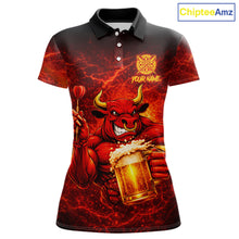 Load image into Gallery viewer, Red|Funny Bull &amp; Beer Thunder Lightning Dart Polo Shirts For Women Custom Name For Darters NYN2698