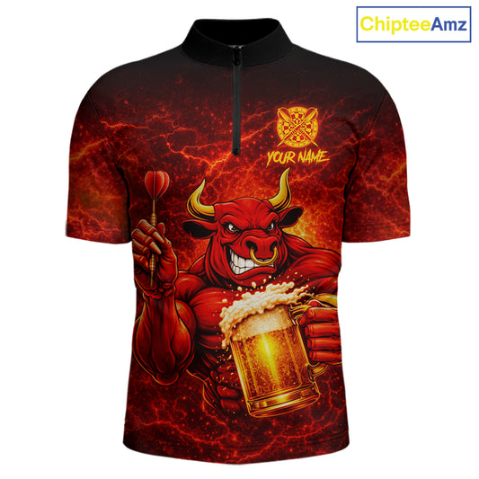 Red|Funny Bull & Beer Thunder Lightning Dart 1/4-Zip Shirts For Men Custom Name For Darters NYN2698
