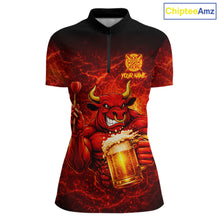 Load image into Gallery viewer, Red|Funny Bull &amp; Beer Thunder Lightning Dart 1/4-Zip Shirts For Women Custom Name For Darters NYN2698