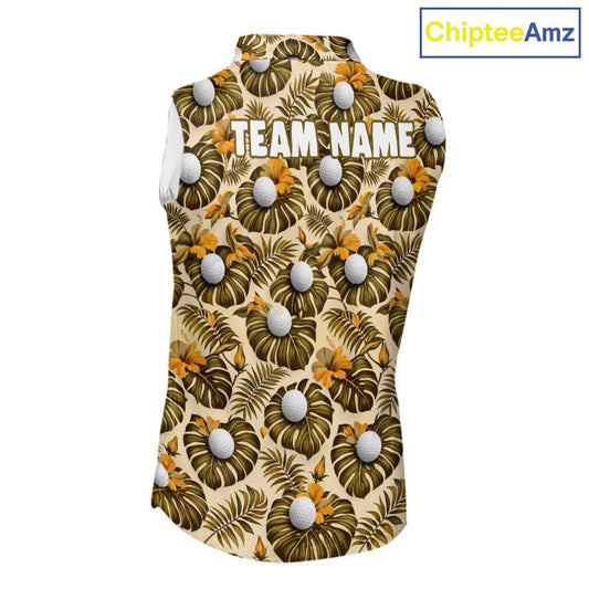 Personalized Tropical Yellow Monstera & Golfs Pattern Custom Golf Sleeveless Polo Shirt For Women Golf Clothes NYN2865
