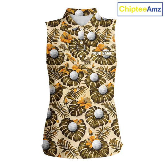 Personalized Tropical Yellow Monstera & Golfs Pattern Custom Golf Sleeveless Polo Shirt For Women Golf Clothes NYN2865