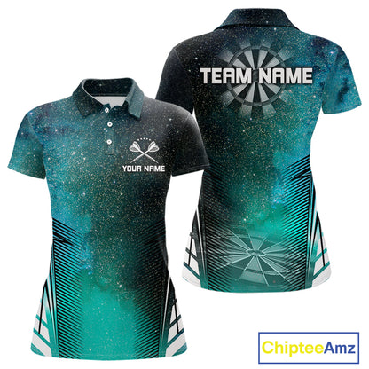 Custom Women's Darts Team Shirt With Cosmic Teal Gradient & Abstract Dartboards NYN0287